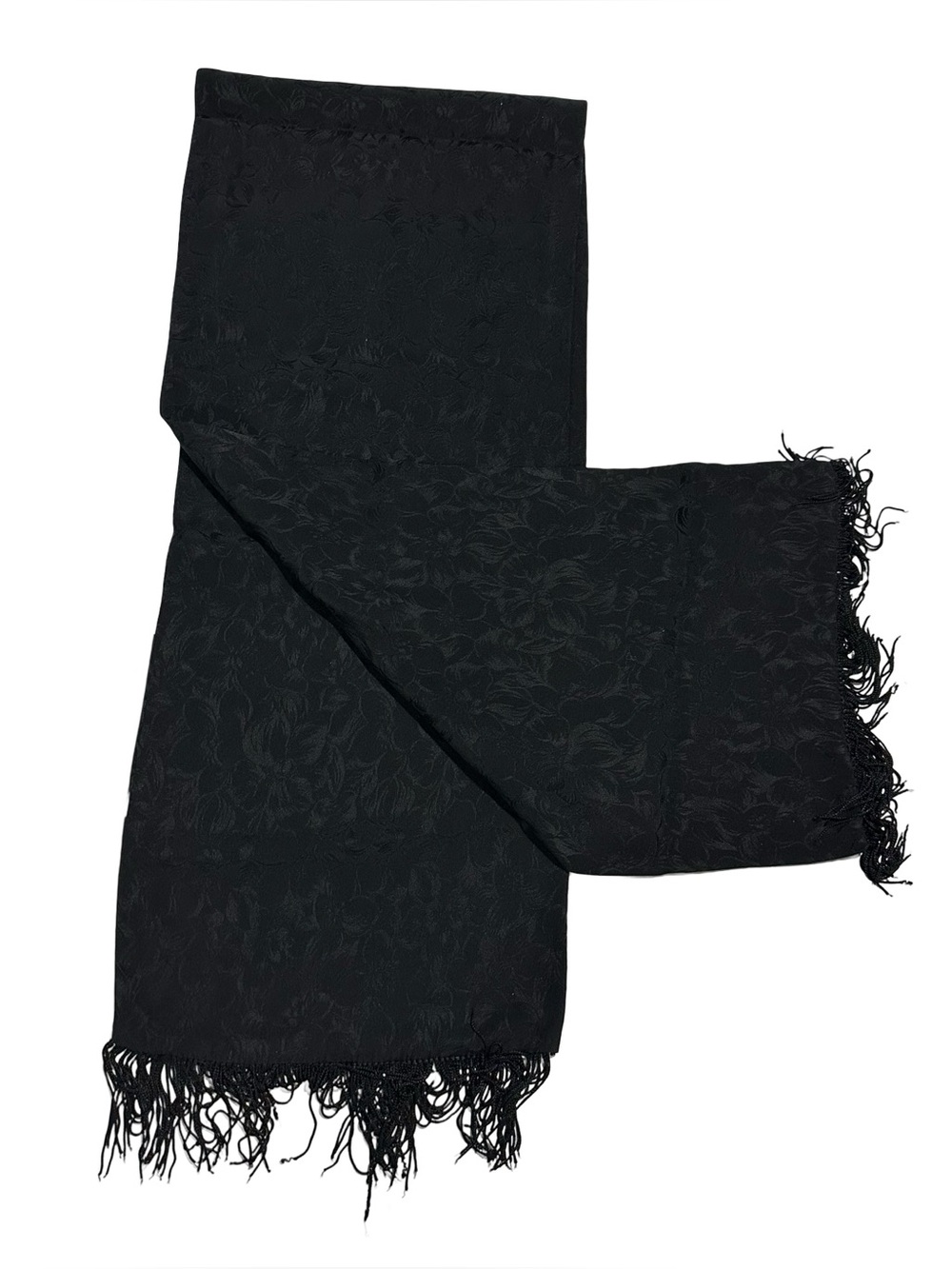 Vtg 2-Ply Silk Jacquard Opera Scarf Black Paisley Floral Fringe Muffler 54x10